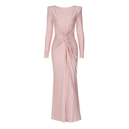 Long sleeve padded ruched maxi dress-final-sale