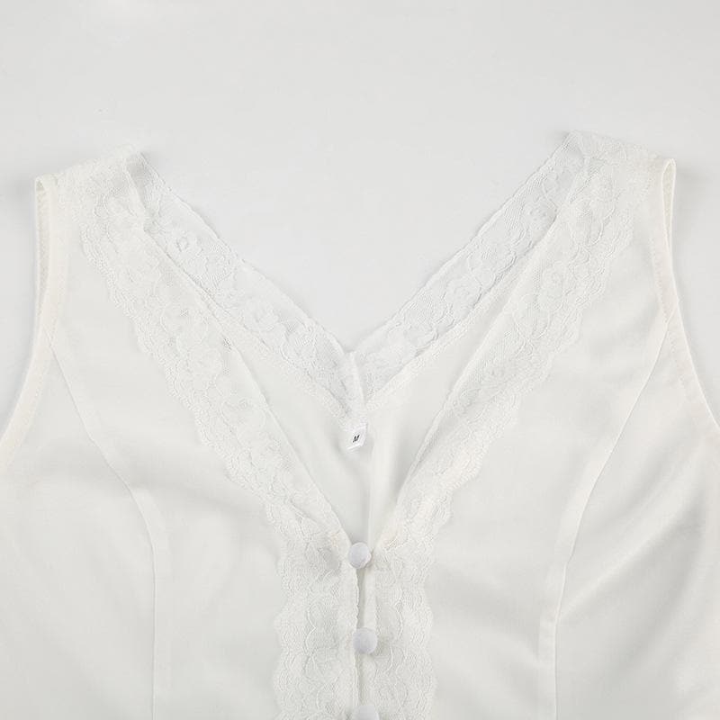V neck button lace hem solid tank top