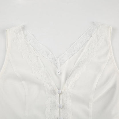 V neck button lace hem solid tank top