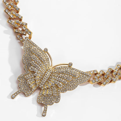 Butterfly pendant rhinestone cuban necklace