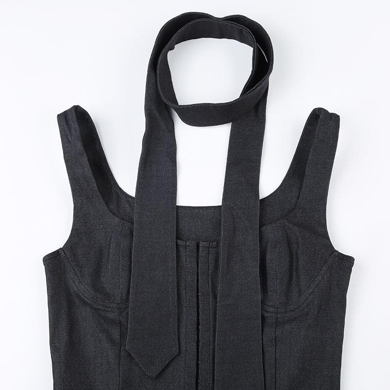 Sweetheart neck button backless denim cami top