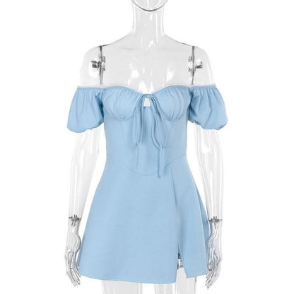 Off shoulder sweetheart neck self tie mini dress