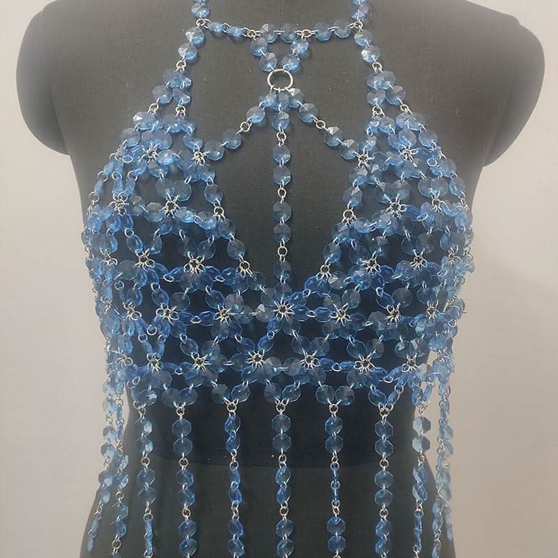 Halter o ring hollow out crystal tassels cut out top