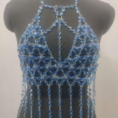 Halter o ring hollow out crystal tassels cut out top
