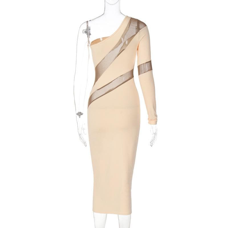 One Shoulder Long Sleeve Mesh Panel Bodycon Midi Dress