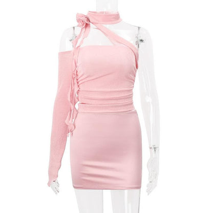 Solid irregular flower applique hollow out zip-up mini skirt set
