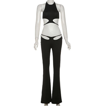 Halter hollow out solid backless pant set