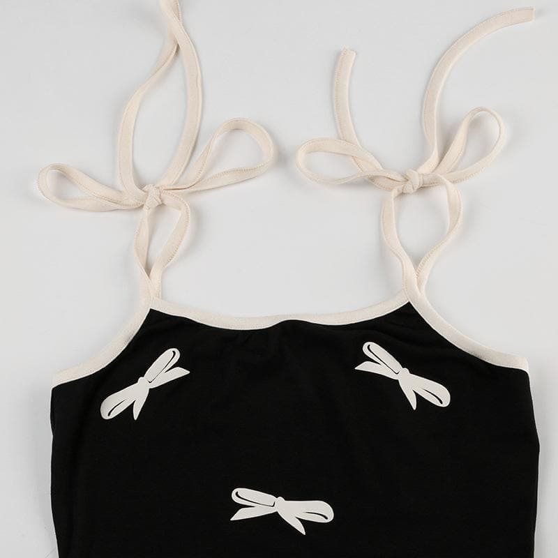 U neck bowknot pattern self tie cami top
