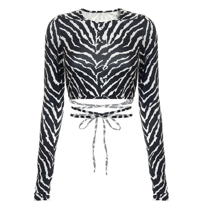 Long sleeve round neck self tie open back crop top