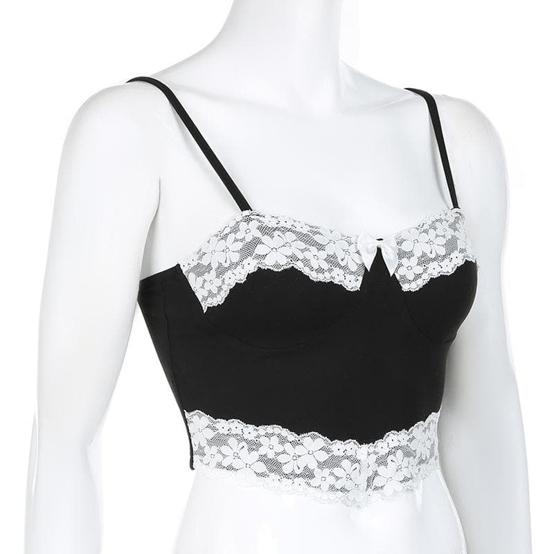 Bowknot lace patchwork backless cami top