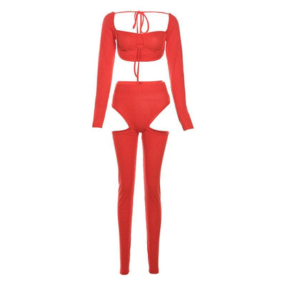 Long sleeve square neck ribbed hollow out pant set