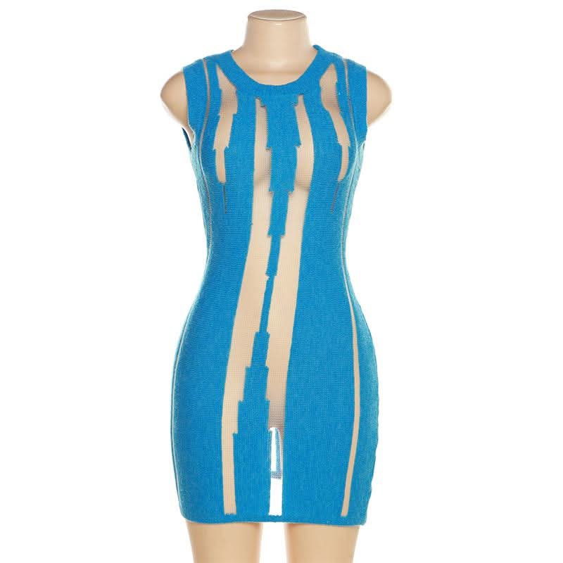 Crewneck knitted mesh patchwork mini dress