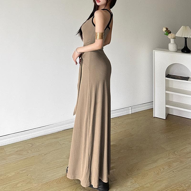 U neck metal tag ribbed cami maxi dress