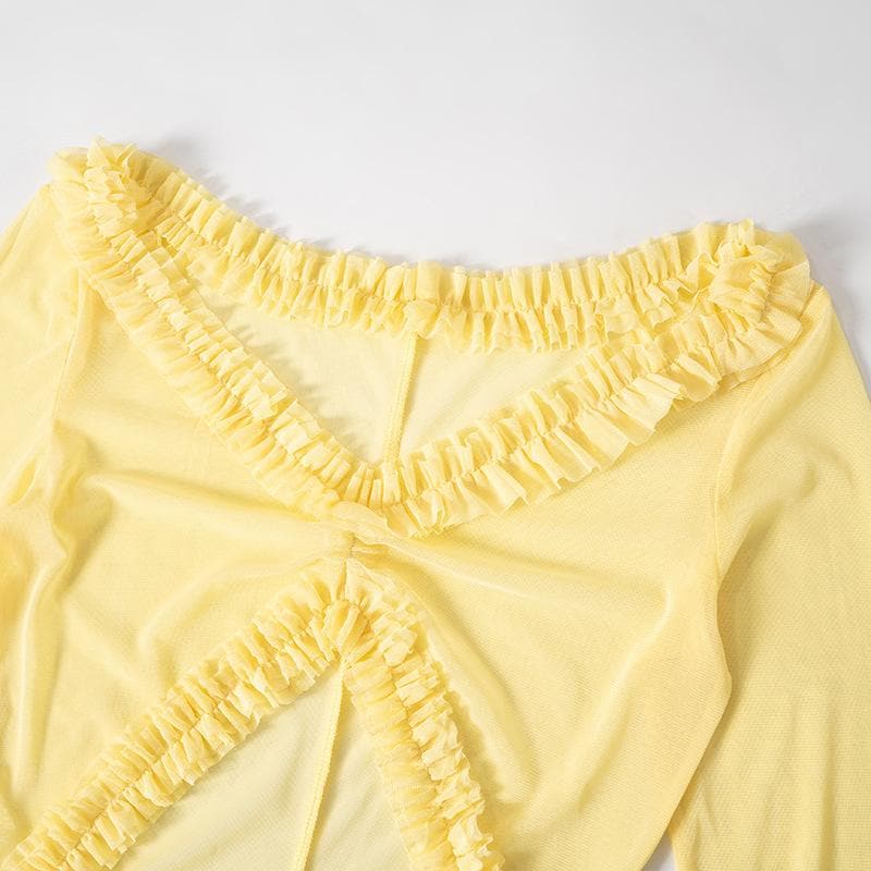 Long sleeve ruffle hollow out v neck sheer mesh cut out maxi dress