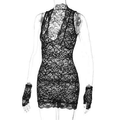 Deep v neck lace gloves see through romper
