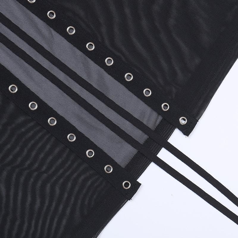 Sheer mesh see through lace up slit solid maxi skirt