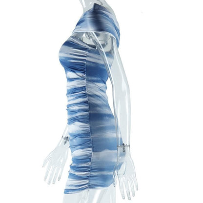 Off shoulder irregular print ruched mini dress
