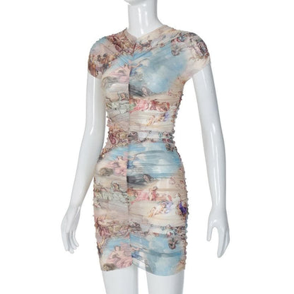 Sheer mesh see through abstract ruched short sleeve contrast mini dress
