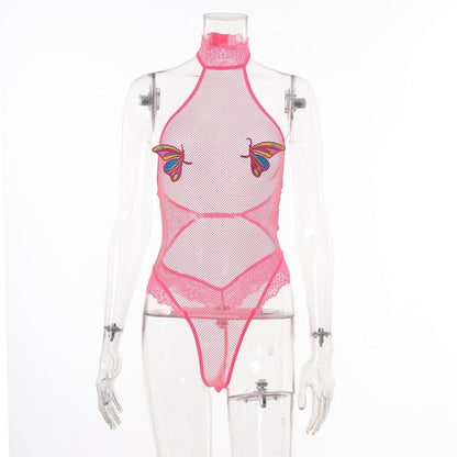 Halter butterfly pattern fishnet lace bodysuit