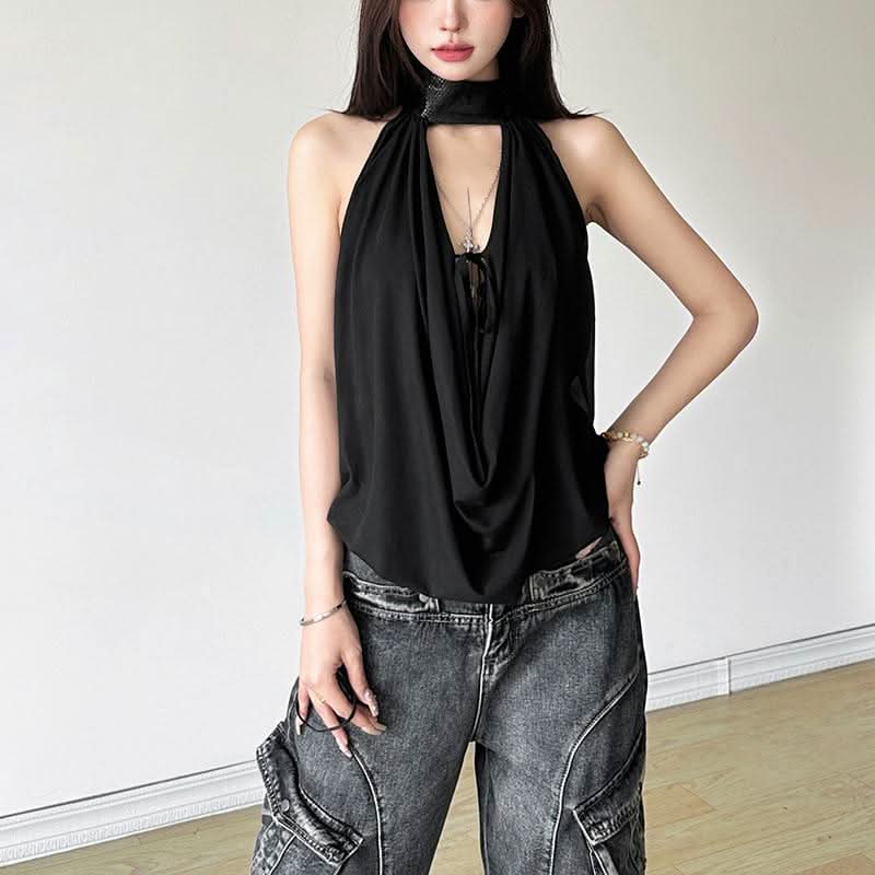 Halter button self tie backless cowl neck solid top