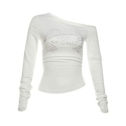 Long sleeve beaded one shoulder ruched top