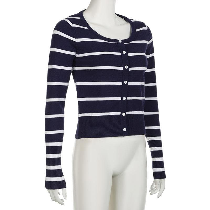 Round neck long sleeve button striped ribbed top