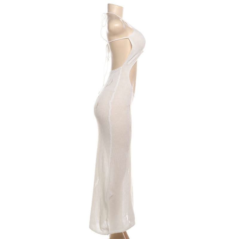 Self tie halter hollow out see through knitted cut out maxi dress