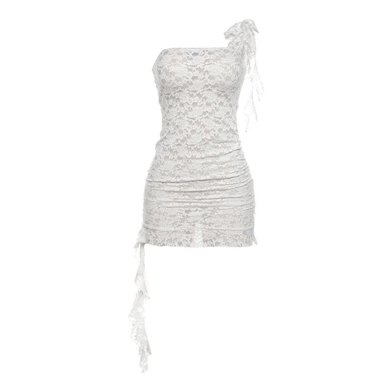 Lace see through one shoulder ruffle knotted ruched mini dress