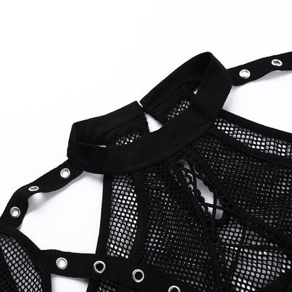 Short sleeve fishnet hollow out patchwork cut out top