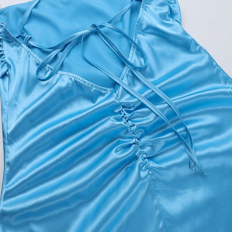 Cross back self tie ruched satin square neck maxi dress