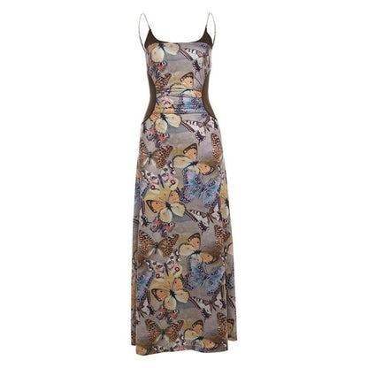 U neck metal chain butterfly print cami maxi dress