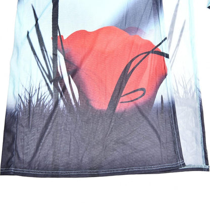 Sheer mesh see through abstract contrast long sleeve slit maxi dress