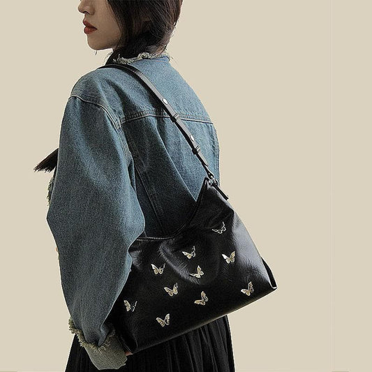 Butterfly applique PU leather ruched handbag