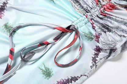 Irregular print contrast drawstring ruched high slit hollow out cut out maxi dress