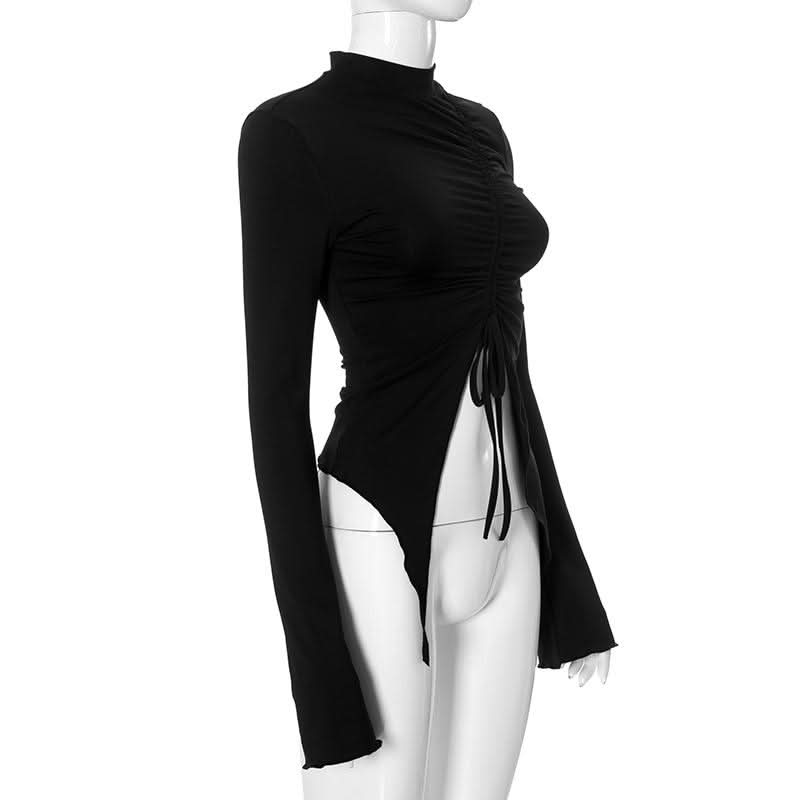 Long sleeve high neck ruched drawstring irregular top