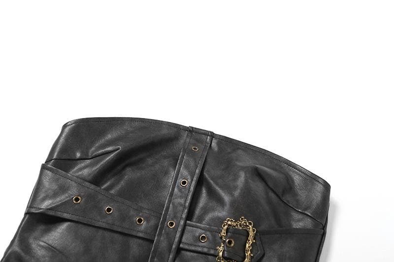 Buckle PU leather zip-up backless tube crop top