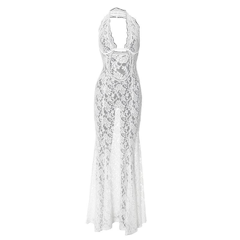 Halter hollow out lace see through cut out maxi dress