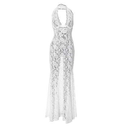 Halter hollow out lace see through cut out maxi dress