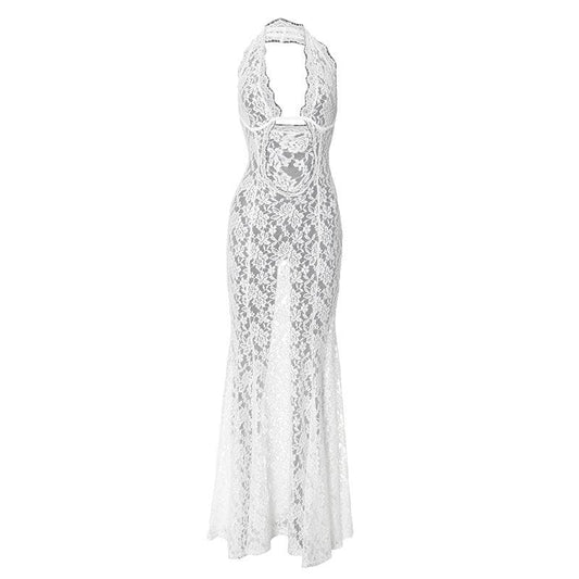 Halter hollow out lace see through cut out maxi dress