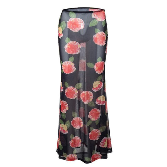 Sheer mesh flower print contrast maxi skirt