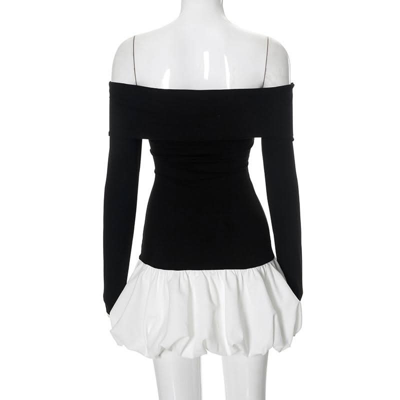 Ruched long sleeve off shoulder contrast mini dress