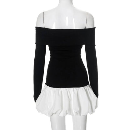 Ruched long sleeve off shoulder contrast mini dress