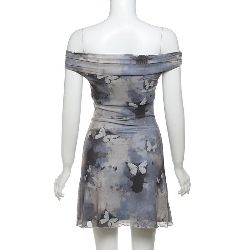 Off shoulder butterfly print ruched mini dress