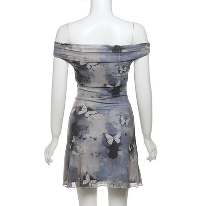 Off shoulder butterfly print ruched mini dress
