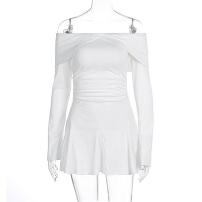 Off shoulder long sleeve ruched ruffle mini dress