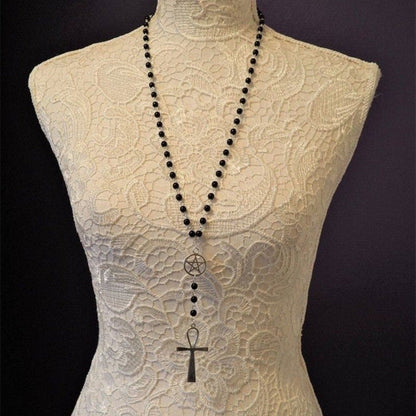 Cross pendant beaded metal chain necklace