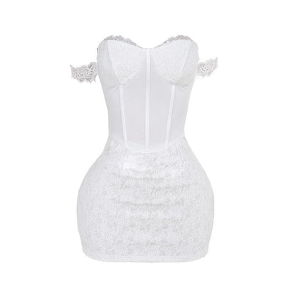 Sweetheart neck off shoulder bustier lace mini dress
