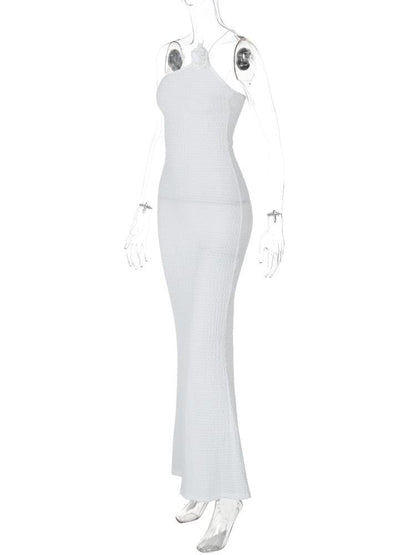 Flower applique one shoulder textured slit cami maxi dress