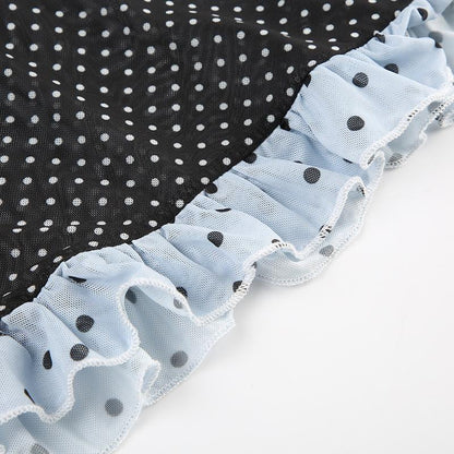Ruffle polka dot mesh low cut contrast cami top