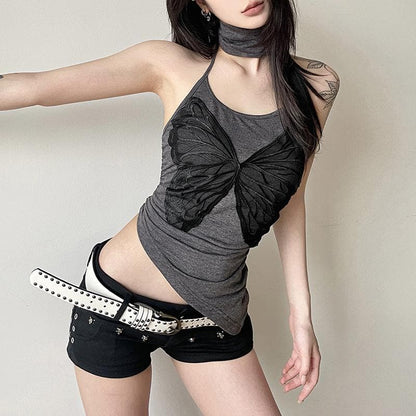 Halter high neck butterfly print irregular top